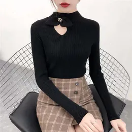 Kvinnors tröjor 2021 Fashion Bowknot Cutout Stickad tröja Höst Koreansk stil halvkrage Slim-Fit Långärmad Pullover Bottoming Shirt