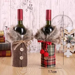 New Bow Plaid Linen Clothes With Fluff Creative Wine Bottle Cover Fashion Christmas Decoration DHL Ship