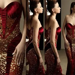Rami Salamoun New Sexy Mermaid Veet Red Bury Prom Dresses Sweetheart Gold Crystal Beads Illusion Party Dress Formella aftonklänningar