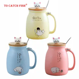 Kreative Farbe Katze hitzebeständige Tasse Cartoon mit Deckel 450 ml Tasse Kätzchen Kaffee Keramik Tassen Kinder Tasse Büro Drinkware Geschenk Y200106