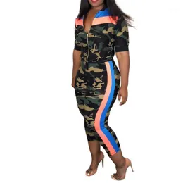 Zweiteiliges Kleid Sommer Damen Kleidung Set Reißverschluss Camouflage Streifen Tops Halbarm Lose Mantel + Leibchen Lange Hosen 3 Stück Outfit Set1