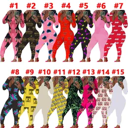 Mode Kvinnor Höst Jumpsuits Tryckt Bodysuit Workout Knapp Skinny Hot Print V-Neck Långbyxor Onesies Plus Size Ladies Home Rompers