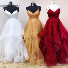 Sparkly Tulle Gold Prom Dresses 2021 Long Spaghetti Straps Ruched Ruffles Burgundy Evening Formal Dress vestidos fiesta White Party Gowns