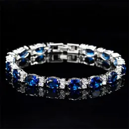 Victoria Luxury Smycken Helt ny 925 Sterling Silver Ovala Cut Blue Sapphire CZ Diamond Ruby Populära Kvinnor Bröllopsarmband för Lover Gift