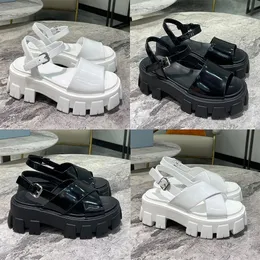 Designer Kvinna Sandaler Monolith Gummi Sandal Tofflor Lyx Sommar Spänne Lack Läder Slides Klassiker Bred Solid Mönster Canvas Tofflor