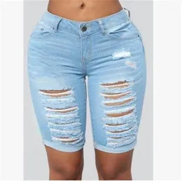 Kvinnors jeans 2021 Kvinna sommaren hög midja stretch knä längd shorts för kvinnor wrap höft mager rippad denim kort jean botts1