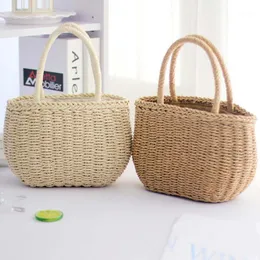 Mode Frauen Solide Stroh Taschen Gewebte Tasche Sommer Strand Rattan Schulter Bambus Handtasche Lagerung