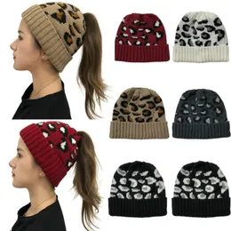 Women Beanie Winter Hats Ponytail Knitted Hat Warm Leopard Style Bonnet For Girls Acrylic Hat 5 Colors DB018
