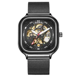 Square creative fashion new automatic hollow mechanical watch men's genuine waterproof mechanical watch men (Black 304L)