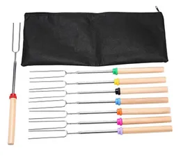 8PC / SET U Typ BBQ Forks Roasting Sticks-Set Säker för barn Camping Campfire Rostfritt Stål Trähandtag Teleskoping Grillgaffel