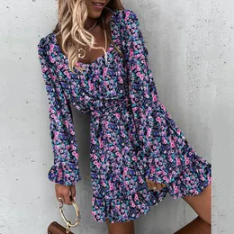 Elegant Square Collar Backless Dress Autumn Puff Long Sleeve Ruffle Dress Vintage Women Floral Print Party Dres 201204