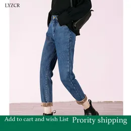 LYZCR Jeans invernali Donna Vintage Velvet Warm Harem Jeans Fleece Mom Jeans larghi a vita alta da donna per le donne 201102