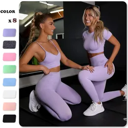 Bezszwowe kobiety Joga Zestaw Outfit Trening Topy Spodnie Sportowe Bra Gym Garnitury Spodenki Fitness Crop Top High Waist Running Legginsy Zestawy sportowe