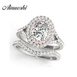 Ainuoshi 925 Sterling Silver Rose Gold Lady Engagement Bridal Ring Sets 0.5 Carat Oval Cut Halo Bridal Ring Sets Jewelry Y200106