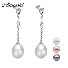 Ainuoshi Luxury 925 Sterling Silver Fresh Water Pearl Earrings Lover Women Engagement Long SilverEarrings Party Jewelry Gifts Y200106