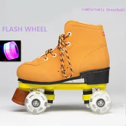 Inline rullskridskor gul mocka läder dubbel rad blixt för skridskobana patines de 4 ruedas1
