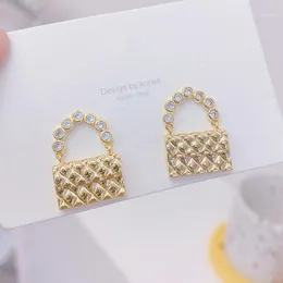 Stud Exquisite 14k Real Gold Small Handväska Kvinnor Örhängen Zircon Charm Örhängen Bröllopsmycken Bijoux för Bridal Gift