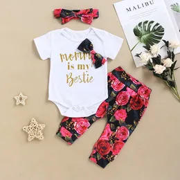 2020 Baby Summer Clothing Newborn Baby Girl Clothes Short Sleeve Romper Floral Pants Headband Cotton Outfit for 0- LJ201223