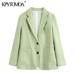 KPYTOMOA Mujeres Moda Oficina Ropa de un solo botón Blazer de lino Abrigo Vintage Bolsillos de manga larga Mujer Outerwear Chic Tops 201102