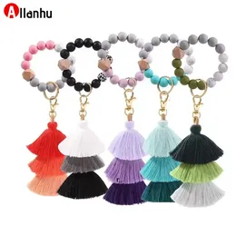 NEW! Favor Silicone Beads Bracelet Keychain Three Layer Cotton Tassel Wrist Keyring Bead Bangle Key Ring Women Bag Pendant Decoration