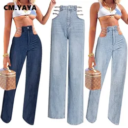 Cm.yaya a catena giunzione tagliato a vita pantaloni denim in vita donne jeans retrò jeans strappati pantaloni dritti skinny high vita pantaloni da donna 201223