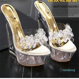 14cm Luxo Handmade Cristal Sapatos Frisado Cunha Salto Clear Sandálias Mulheres Designer Mulas Nupcial Sapatos de Casamento Vem com Box 2022