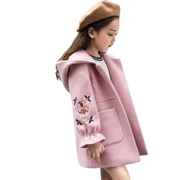 Höst vinterflickor Woolen Coat Rosa Röda Flores Design Petal Sleeves Lång jacka för barn Ålder 4 6 8 10 11 12t år gammal LJ201125