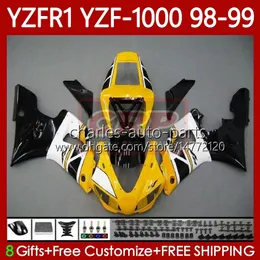 Motorcykelkropp för Yamaha YZF-R1 YZF-1000 YZF R 1 1000 CC 98-01 Bodywork 82No.35 Gul Vit Blk YZF R1 1000cc YZFR1 98 99 00 01 YZF1000 1998 1999 2000 2001 OEM Fairings Kit