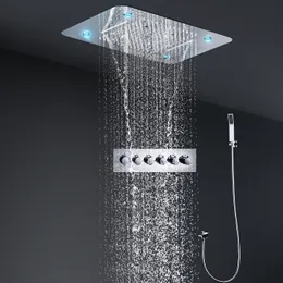 욕실 음악 샤워 세트 380 x 580 mm LED 샤워 헤드 강우 폭포 미스트 스프레이 수도꼭지 온도 조절 높은 유량 전환 밸브