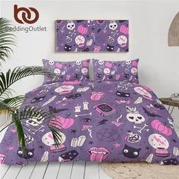 BeddingOutlet Black Magic Bedding Set Witchcraft Bedspread 크리스탈 볼 이불 커버 해골 박쥐 침대 세트 마녀 보라색 Bedlinen 201210