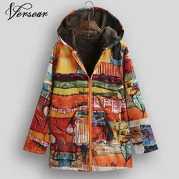 ゼロの民族の女性のジャケットカラフルな落書きプリントの毛皮の裏地のフード付きコートカジュアル長袖ポケットの上着プラスサイズ