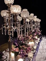 25'' Tall 5 Arm Crystal Beaded Globe Metal Candelabra Candle Holder Set Flower bowl top crystals table wedding centerpieces Party engament Centerpiece
