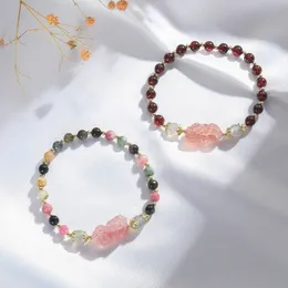 Lucky Animal Strawberry Crystal Multicolor Natural Tourmaline Garnet Moonstone Beaded Armband för Kvinnor Fina Smycken YBR549