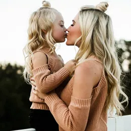 Family Matching Mother and Daughter Clothes Outfits Mom Daughter Dress Sweater Off Shoulder Long Sleeve Kintwear Outfits LJ201111