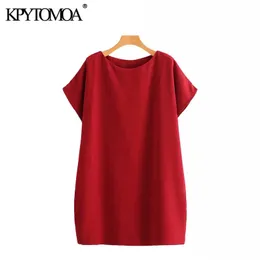 KPYTOMOA Femmes Mode Bureau Porter Solide Mini Robe Vintage O Cou Manches Chauve-Souris Femme Robes Chic Vestidos Mujer T200613