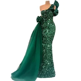 Longo brilhante vestidos de noite 2022 sereia um ombro luxo verde escuro lantejoulas africano feminino formal vestidos de festa peplum plissado p263u