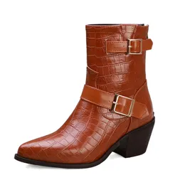 Heißer Verkauf-Herbst Winter Frauen Stiefel Mode Druck Pu-leder High Heel Stiefeletten Spitzschuh Reißverschluss Frauen Schuhe 2019 Neue Schwarz Braun