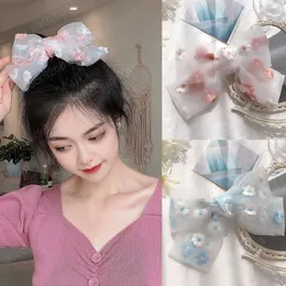 Pink Blue Embroidery Flower Lace Spring Clips Hairpins Women Double Bowknot Organza Scrunchie Ponytail Barrette Hair Accessories