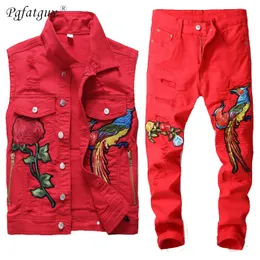 Famous Brand New Men Red Sets Fashion Autumn Embroidery Phoenix Flower Suit Vest+Pants Mens Clothing 2 Piece Sets Slim Tracksuit 201109