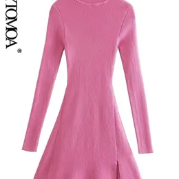 KPYTOMOA Women Chic Modna przednia przednia rozcięta mini mini sukienka Vintage High Secon Długie rękawy Sukienki Vestidos Mujer 220314