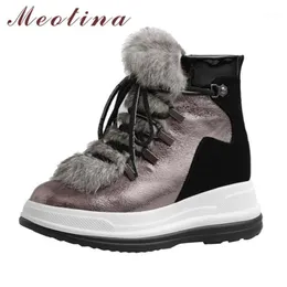 Meotina Real Leather Natural Wool High Heel Heel Snow Boots女性靴ジッププラットフォームウェッジヒールズショートブーツレースアップ足首1