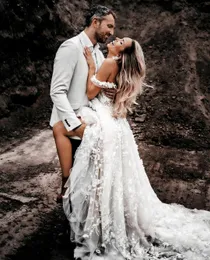 Bohemian A Line Suknie ślubne koronkowe aplikacje z tiulowych suknie ślubne w stylu wiejskim sexy vestido de novia2820