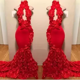 2022 Red Prom Dresses Mermaid Handmade Flowers High Neck Sleeveless Custom Made Plus Size Evening Party Gown vestidos Formal Occasion Wear