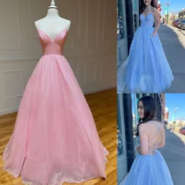 Pink V-neck Sparkly Party Prom Dress Blackless Evening Gowns Spaghetti Straps Floor Length A Line Women's Dresses