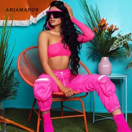 ANJAMANOR Set due pezzi Maglia monospalla manica lunga Crop Top Pantaloni cargo Streetwear Abiti Tuta Set coordinati D58-AE86 T200702