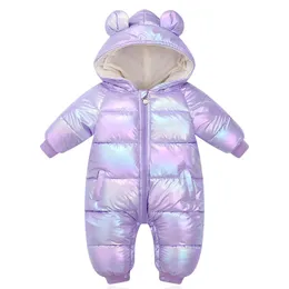 Ny plus sammet jumpsuits baby vinter rompers tecknad hooded glänsande vattentäta nyfödda tjejer snöar toddler pojkar kappa kläder lj201007