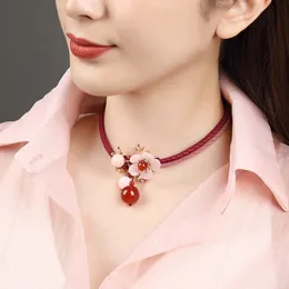 Natural Red Color Agate Stone Round Drop Inlaid Flower Healing Gemstone Necklace Pendant Water Drop Craft Crystal Collar Deor Q0531