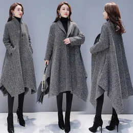 Zimowy płaszcz Wool Kobiety Koreański Styl Luźny Płaszcz Długi Wełniany Jeden przycisk Lady Znosić Moda Stojak Kołnierz Trench Coats Odzież damska