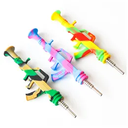 AK47 Shape Silicone Nectar Collector kit Portable Smoke Accessory Smoking Pipe with 14mm stainless steel Tip Dab Straw Oil Rigs pipe