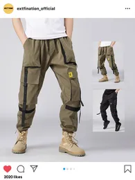 Extensão | 2020 Multi-bolsos Calças de carga Homens Hip Hop Streetwear Ribbons Basculadoras Calças Homem Cintura Elástica Plus Size LJ201007